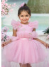 Blush Pink Butterflies Ruffled Tulle Long Flower Girl Dress